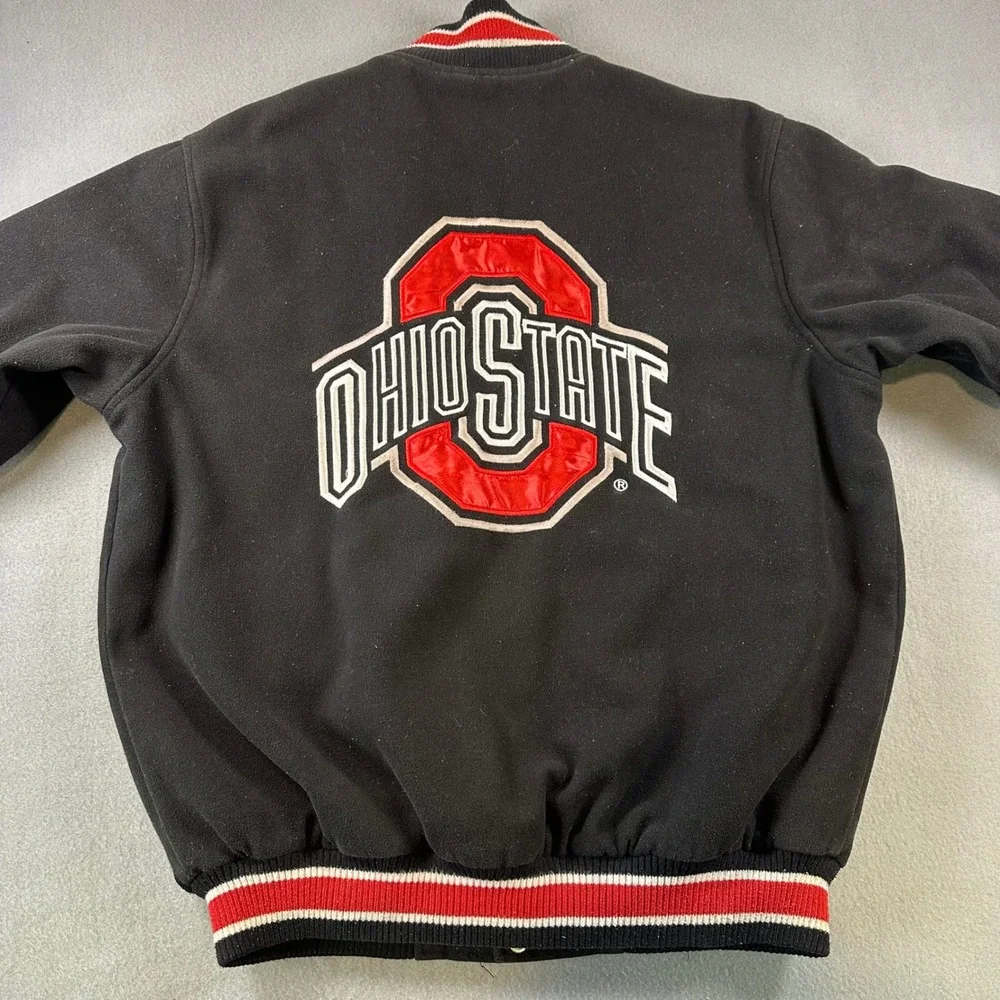 G-III Ohio State Buckeyes Varsity Bomber Jacket Mens Medium Black Red Wool Snap - Picture 8 of 9